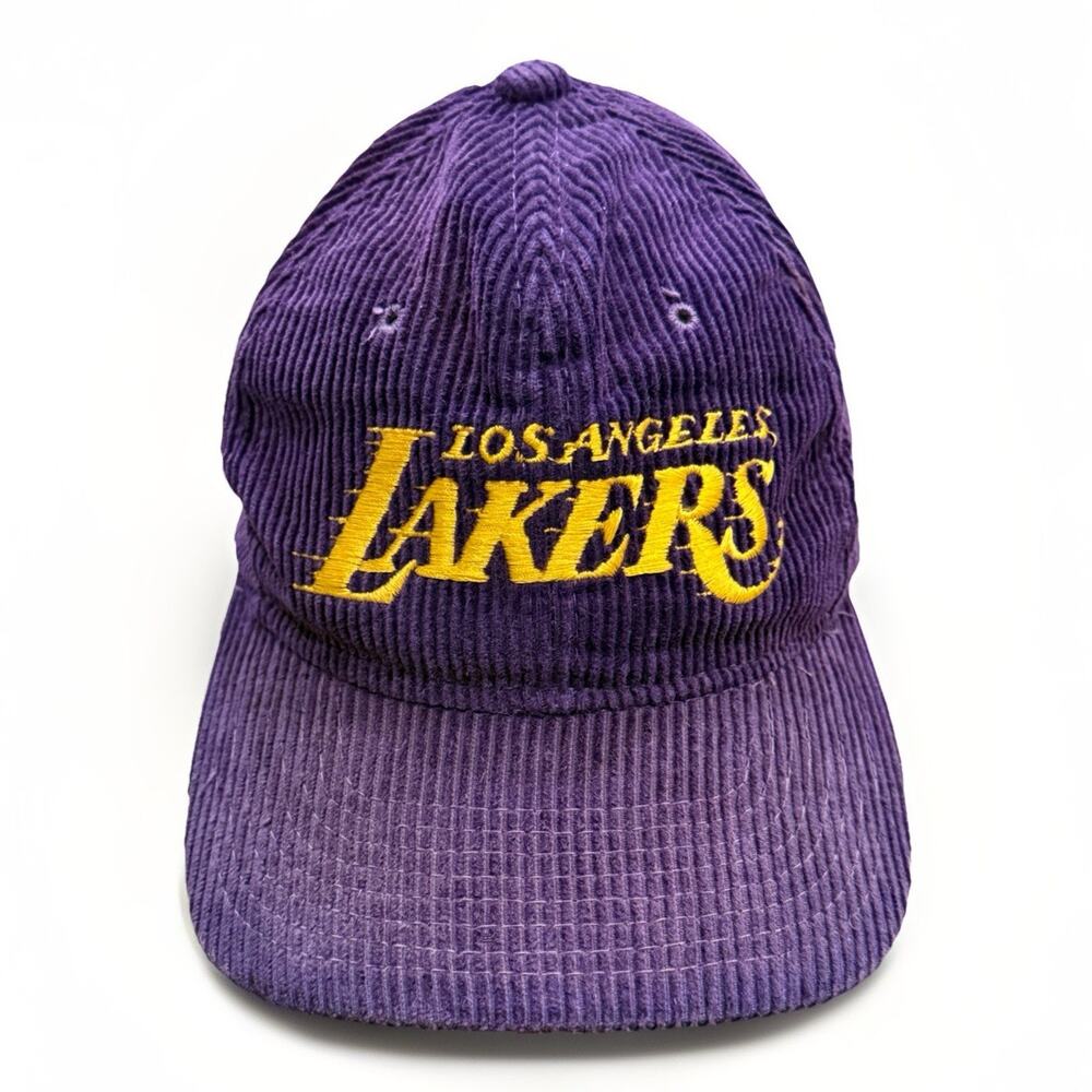 Vtg 90s Sports Specialties Los Angeles Lakers Script Corduroy StrapBack Hat Cord